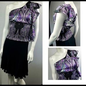 New Unique One Shoulder Flutter Cascading Ruffles Ruched Paisley Boho Hippie Top